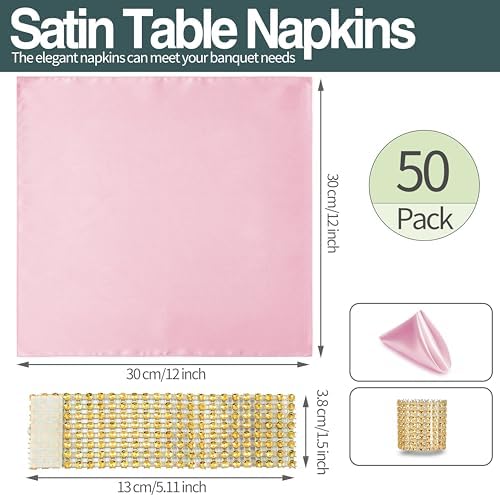 Pink Satin Napkins and Napkin Rings Set, 100 Pack, 12 x 12 Inch - Image 6