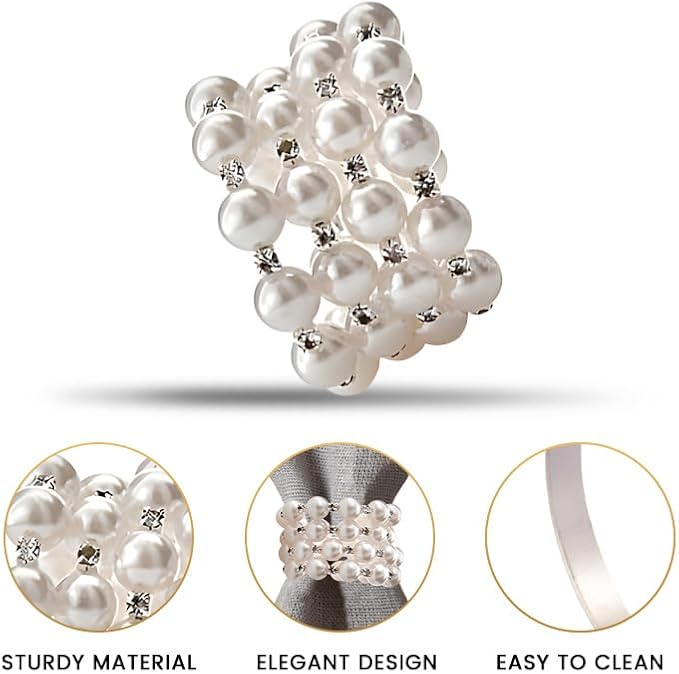 Decozen Set of 12 White Napkin Rings with Pearl Design, Festive, Table Decor Setting for Holiday, Wedding, Birthday, Kitchen, Home Decor, Housewarming Gift - Mothers Day Decorations
