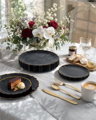 bUCLA 175PCS Black Plastic Plates - 25 Guests Gold Rim Disposable for Party - Image 6