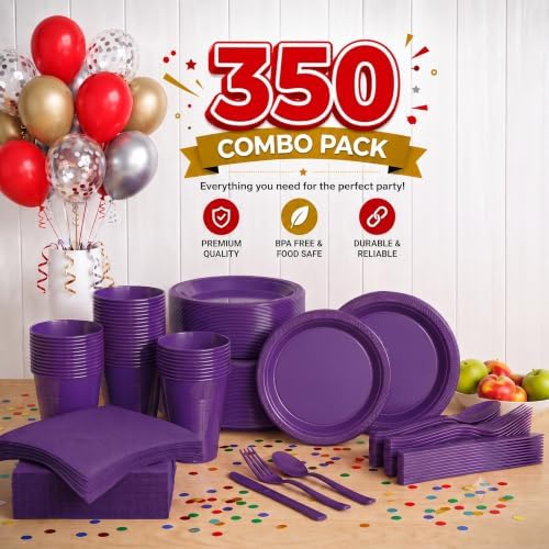 350 Pcs Purple Plastic Plates for Party Purple Disposable Plates Set 50 of Each 9 Dinner Plate Set 7 Dessert Plate Cups Napkins & Cutlery Plastic Dinnerware Set Exquisite - Image 2