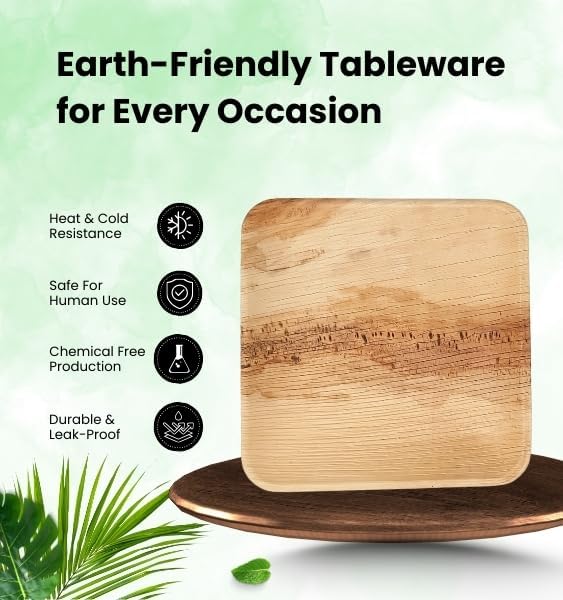 8 Inch Disposable Square Palm Leaf Plates. Eco Friendly Party Plates. Heavy Duty Party, Catering Plates. 100% Compostable & Biodegradable than Bamboo, Wood, Paper, or Plastic (Pack of 25)