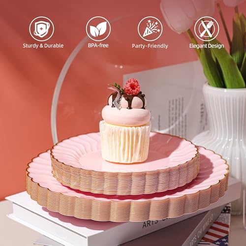 Lullaby 60PCS Pink Scalloped Plastic Plates with Gold Rim for Party Wedding - Image 3