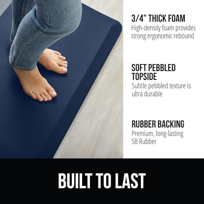 GORILLA GRIP Comfortable Cushioned Kitchen Mats for Floor, 58x20, Waterproof and Stain Resistant Soft Top, 3/4 Inch Thick Ergonomic Standing Desk Anti Fatigue Mat, Foam Supports Ankles and Feet, Navy