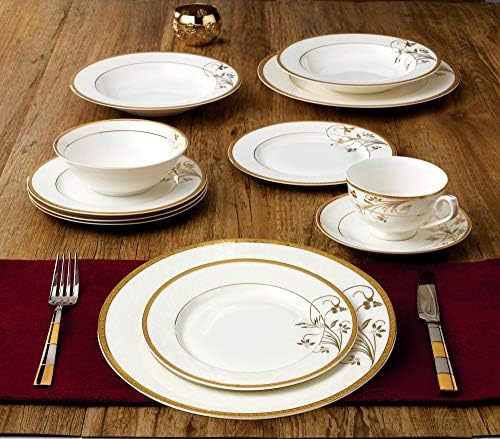 Lorren Home Trends La Luna Bone China 57-Piece 24K Gold Floral Design Dinnerware Set, Service for 8 - Image 6