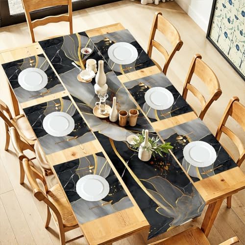 ANNA QUEEN Modern Luxury Table Runner and Placemats Set of 6 – 13"x72" Table Runner & 12"x18" Placemats, Black and Gold Abstract Floral Art Elegant Dining Table Decor by ANNAQUEEN