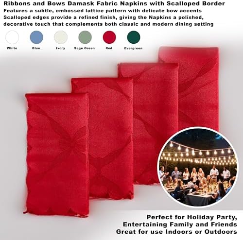 Newbridge Christmas Ribbons and Bows Red Napkins, Set of 4 | Jacquard Damask Cloth Napkins, Stain Wrinkle Resistant Easy Care, Formal Holiday Winter Dinner Party Dining Table Décor - Image 2