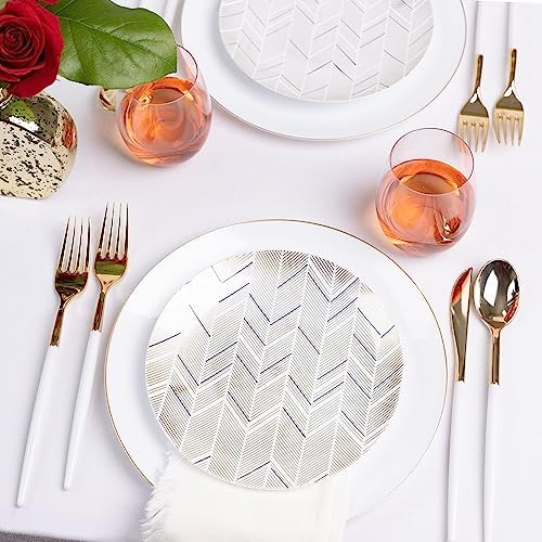 PLASTICPRO 64 Pack Elegant Disposable Plastic Plates Combo Set Includes 32 Dinner Plates and 32 Salad Plates Heavy Duty Fancy Party Plates Gold and Black Zig Zag Design - Image 2