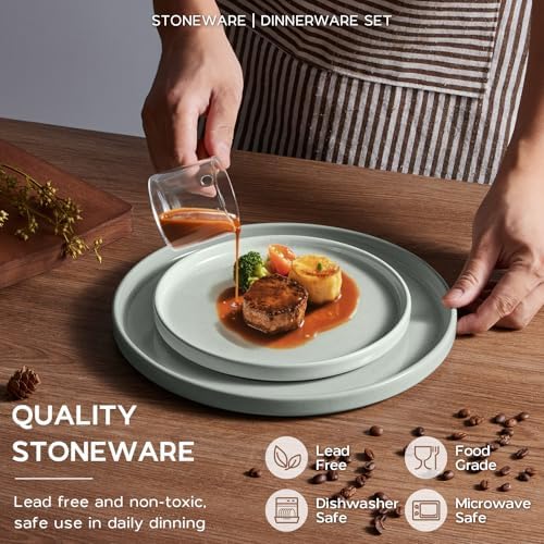 Onader Stoneware Dinnerware Sets for 6 with Double Bowl, 24 Piece Plates and Bowls Dish Dinner Set, Speckled Kitchen Dishware Tableware – Pale Sage Green - Image 3