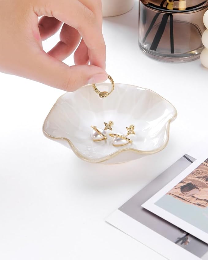 2PCS Lotus Leaf Shape Ring Holder Dish, Small Key Bowl, Ceramic Trinket Tray Jewelry Dish Organizing Necklace Earrings for Mom Friend Sister, All Jewelries Are NOT Included. White +Pink.…