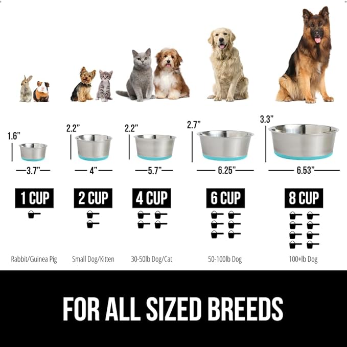 GORILLA GRIP Dog Bowl, Holds 8 Cups (64 fl oz), Heavy Duty Metal Food and Water Bowl for Feeding Dogs and Cats, Dishwasher Safe, Rust Resistant Stainless Steel, BPA Free Rubber Base, Turquoise