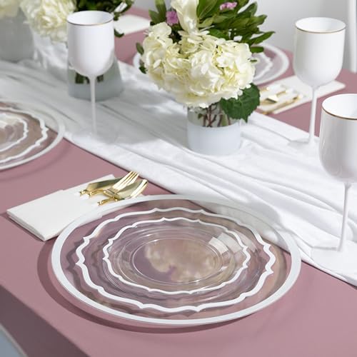 PLASTICPRO 32 Pack Elegant Disposable Plastic Plates Combo Set Includes 16 Dinner Plates and 16 Salad Plates Heavy Duty Fancy Party Plates Clear & White Contemporary Design - Image 4
