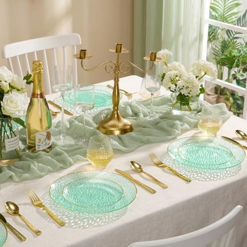 realluck 100Pcs Clear Green Plastic Plates with Gold Rim - Image 3