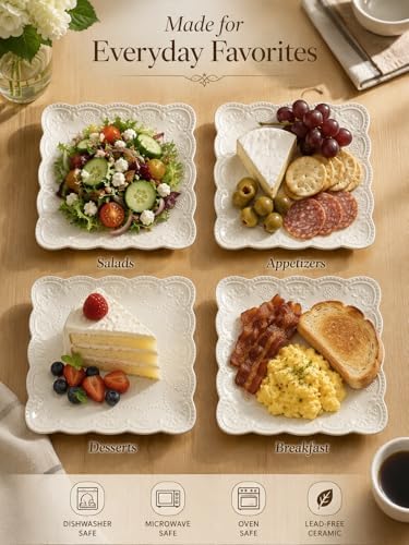 8 Inch Embossed Ceramic Salad Plates Set of 4, White Appetizer Plates with Scalloped Lace Edge, Vintage Square Plates for Salad, Snacks, Brunch, Dessert, Firut, Microwave Oven Dishwasher Safe - Image 3