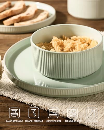 Famiware Stoneware Dinnerware Set for 8, Rimmed Plates, Bowls, Green Dishes - Image 4