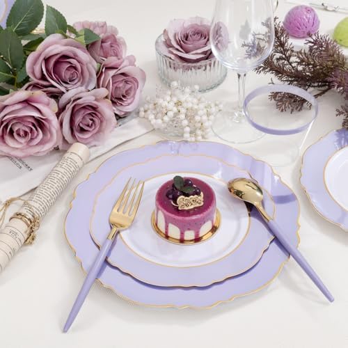 WDF 60pcs Purple Plates with Gold Rim - Baroque Light Purple Plastic Plates - Image 4