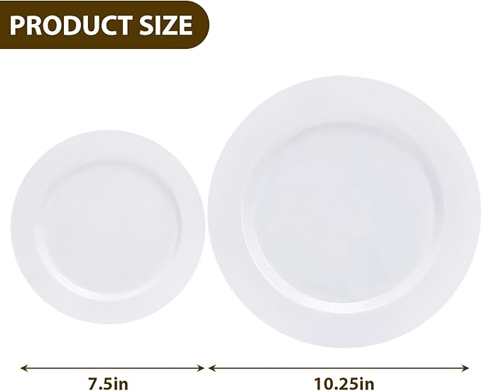 Moretoes 100PCS White Plastic Plates Disposable 10.25inch Dinner Plates and 7.5inch Dessert Salad Plate Heavy Duty Plate for Wedding Party and Birthday