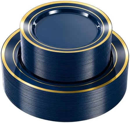 BESTVIP 100PCS Navy Blue with Gold Plastic Plates by Bestvip