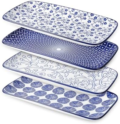 Selamica Ceramic Rectangular Salad Plates Set, Dinner Plate 9.4 Inch Dessert Plates for Party Entertaining, Small Serving Plates for Appetizers, Sushi, Fruit, Set of 4, Vintage Blue by Selamica
