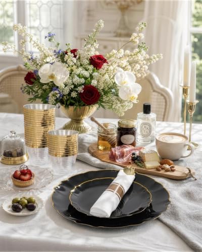 bUCLA 175PCS Black Plastic Plates - 25 Guests Gold Rim Disposable for Party - Image 5