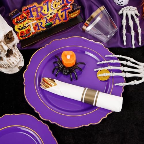 Liacere 175PCS Purple Plastic Plates-Disposable Purple and Gold - 25 guest Baroque Plastic Dinnerware include 50Plates,25Pack Pre Rolled Napkins with Silverware 25Cups for Wedding&Party＆Halloween - Image 4