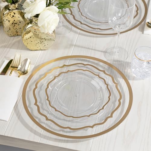 PLASTICPRO 64 Pack Elegant Disposable Plastic Plates Combo Set Includes 32 Dinner Plates and 32 Salad Plates Heavy Duty Fancy Party Plates Clear & Gold Contemporary Design - Image 2
