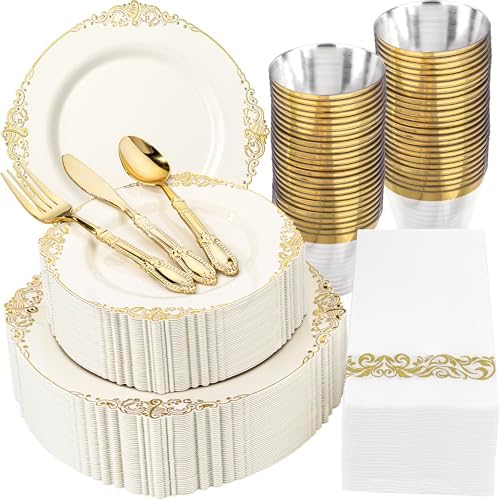 Morejoy 350PCS Lvory Plastic Plates,Lvory Gold Plastic Dinnerware Set by Morejoy