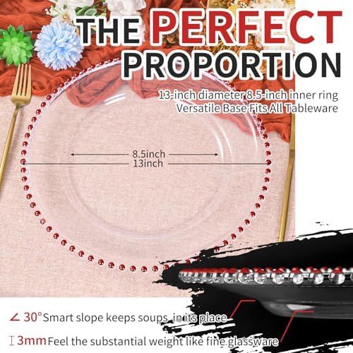 12 Pack Clear Charger Plates Bulk Wedding, 13 Inch Plastic Round Dinner Chargers with Red Beaded Rim, Acrylic Round Decorative Plates for Wedding Party Home and Tabletop Decor (Red) - Image 2