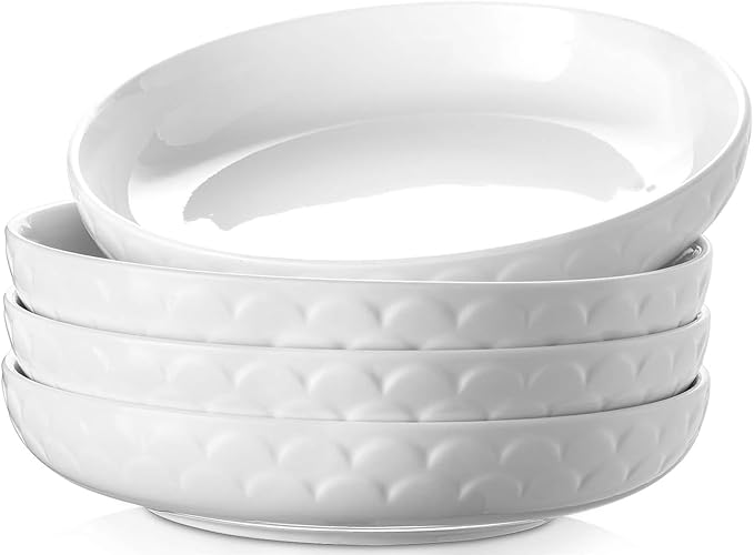 DOWAN Pasta Bowls Set of 4 for Large Portions, 54 oz Textured Motif Large Salad Serving Bowls, Ceramic Plates, White Soup Bowl for Kitchen Meal Prep, Shallow Dishes Dinner Bowl Microwave Dinnerware