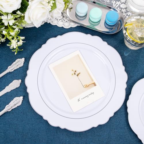 Liacere 175pcs Silver Plastic Plates - White and Silver Disposable - 25guest Baroque Plastic Dinnerware include 50Plates, 25Pack Pre Rolled Napkins with Silverware 25Cups for Wedding&Party&Easter Day - Image 4