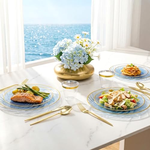 N9R 180PCS Blue and Gold Plastic Plates Disposable, Spiral Dinnerware Set - Image 4