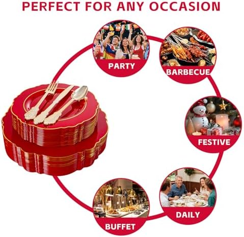 Liacere 175PCS Red Plastic Plates - Red Disposable Plates With Gold Rim -25Guest Baroque Plastic Dinnerware include 50Plates-25Pack Pre Rolled Napkins with Silverware 25Cups for Independence Day - Image 6
