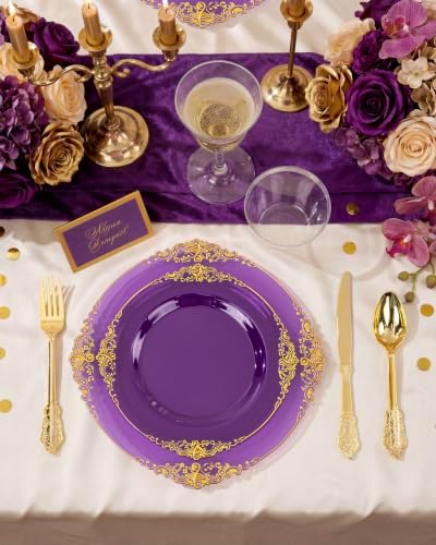 Nervure 175Pcs Clear Purple Plastic Plates, Dinnerware Set for 25 Guests - Image 2