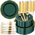 Hioasis 350 Pcs Green Gold Plastic Plates Wedding & Party by Hioasis