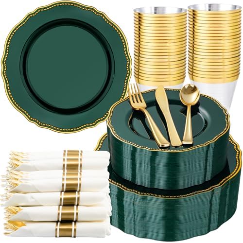 Hioasis 350 Pcs Green Gold Plastic Plates Wedding & Party by Hioasis