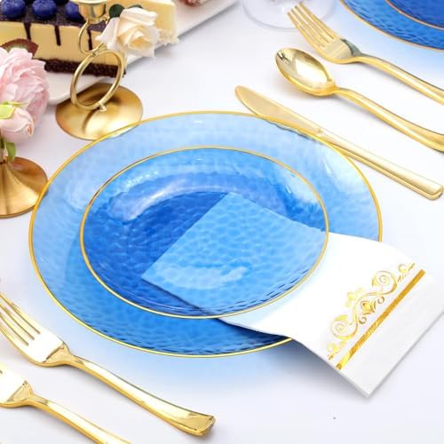 150 Pcs Blue Plastic Dinnerware Set, Disposable Plates for 25 Guests - Image 4