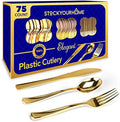 75 Pieces Heavy Duty (Gold) Plastic Silverware Set, Disposable Cutlery Set, Great for Parties, Weddings, and Catering, Flatware Utensils Included: 25 Forks, 25 Spoons, 25 Knives, Stock Your Home by StockYourHome