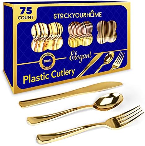 75 Pieces Heavy Duty (Gold) Plastic Silverware Set, Disposable Cutlery Set, Great for Parties, Weddings, and Catering, Flatware Utensils Included: 25 Forks, 25 Spoons, 25 Knives, Stock Your Home by StockYourHome
