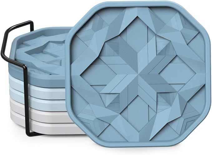 UMIRRO Silicone Cup Coasters for Drinks with Tailored Holder, Coffee Table Centerpiece, Modern Home Bar or Aesthetic Kitchen Essentials, House Decor Gifts, Set of 6, Glacier Blue