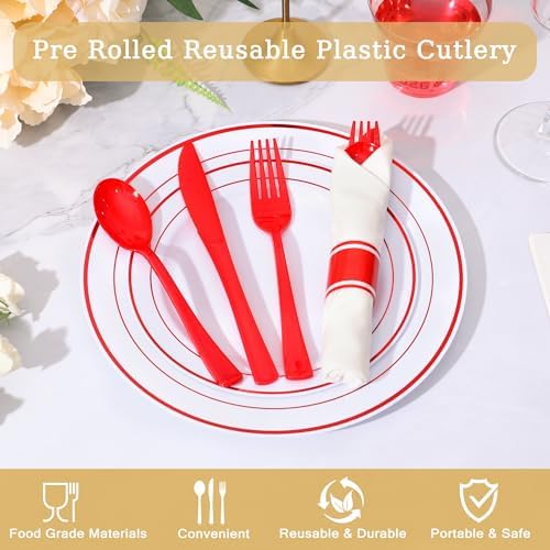 50 Pack Pre Rolled Red Plastic Silverware Set with Napkin - Image 3