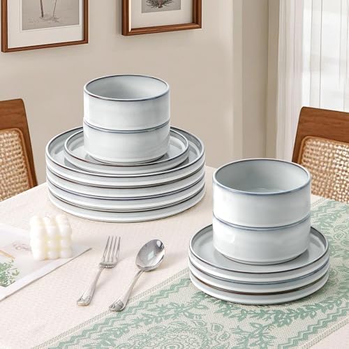 LIANYU 12 Piece Dinnerware Dishes Sets for 4, Stoneware Plates and Bowls - Image 4