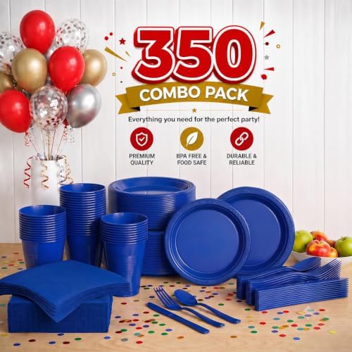 350 Pcs Dark Blue Plastic Plates for Party Dark Blue Disposable Plates Set 50 of Each 9 Dinner Plate Set 7 Dessert Plate Cups Napkins & Cutlery Plastic Dinnerware Set Exquisite - Image 2