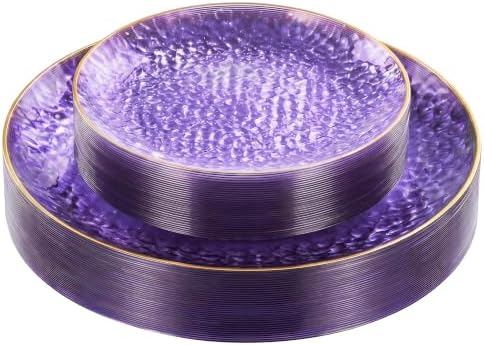 realluck 50Pcs Clear Purple Plastic Plates with Gold Rim by Realluck