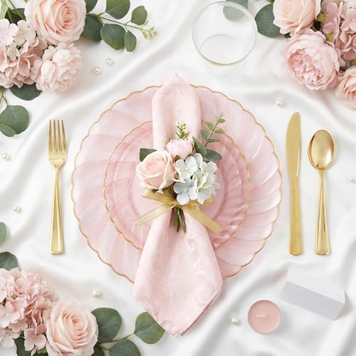 YOUBET 125Pieces Clear Pink Plastic Plates with Gold Rim - Gold Plastic Silverware Include 25 Dinner Plates 25 Dessert Plates 75 Golden Silverwares for Wedding Birthday & Parties Easter Mothers Day - Image 4