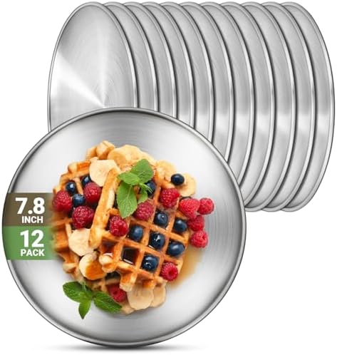 12 Stainless Steel Plates, 7.8 inch 304(18/8) Metal Camping Plate, Reusable Food Serving Dish Snack Eating Dishes Round Shatterproof Plate Silver Dinnerware for BBQ Dinner Oven Dishwasher Safe by Offiper