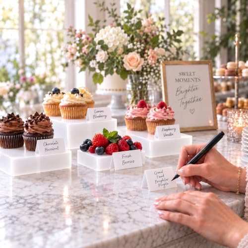 6-Piece White Acrylic Buffet Risers with Signs for Dessert Table - Image 6