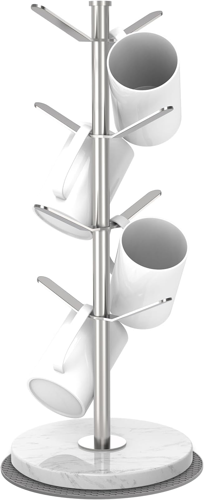 Marble Mug Holder Tree with 8 Hooks, Stainless Steel Coffee Cup Holder, Non-Slip Silicone Pads, Heavy Duty Marble Base, Countertop Organizer for Kitchen & Cafe, Silver
