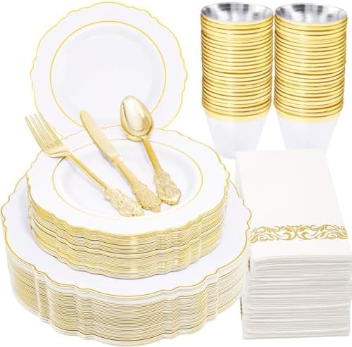 WDF Partyware 350 Pieces Gold Disposable Plates for 50 Guests, Fall Plastic Plates, Dinnerware Set of 50 Dinner Plates, 50 Salad Plate, 50 Spoons, 50 Forks, 50 Knives, 50 Cups for Thanksgiving Party by WDF