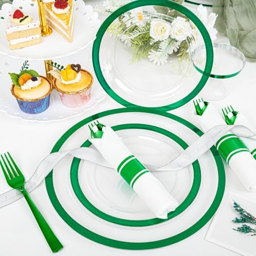 I00000 350 Green Plastic Plates, Clear Disposable Dinnerware Set for Party - Image 2