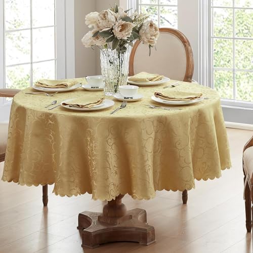 Newbridge Portofino Scalloped Damask Fabric Tablecloth, 90 Inch Round, Gold, Wrinkle and Stain Resistant Fine Dining Holiday Party Table Cover - Image 6