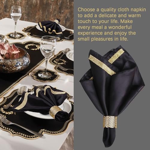 VIJIV 12 Pack Cloth Napkins and Gold Napkin Rings Set of 6, 17x17 Bling Trim Satin Cocktail Napkins Cloth Washable Personalized Dinner Napkins for Wedding Party Holiday Decorative - Image 2